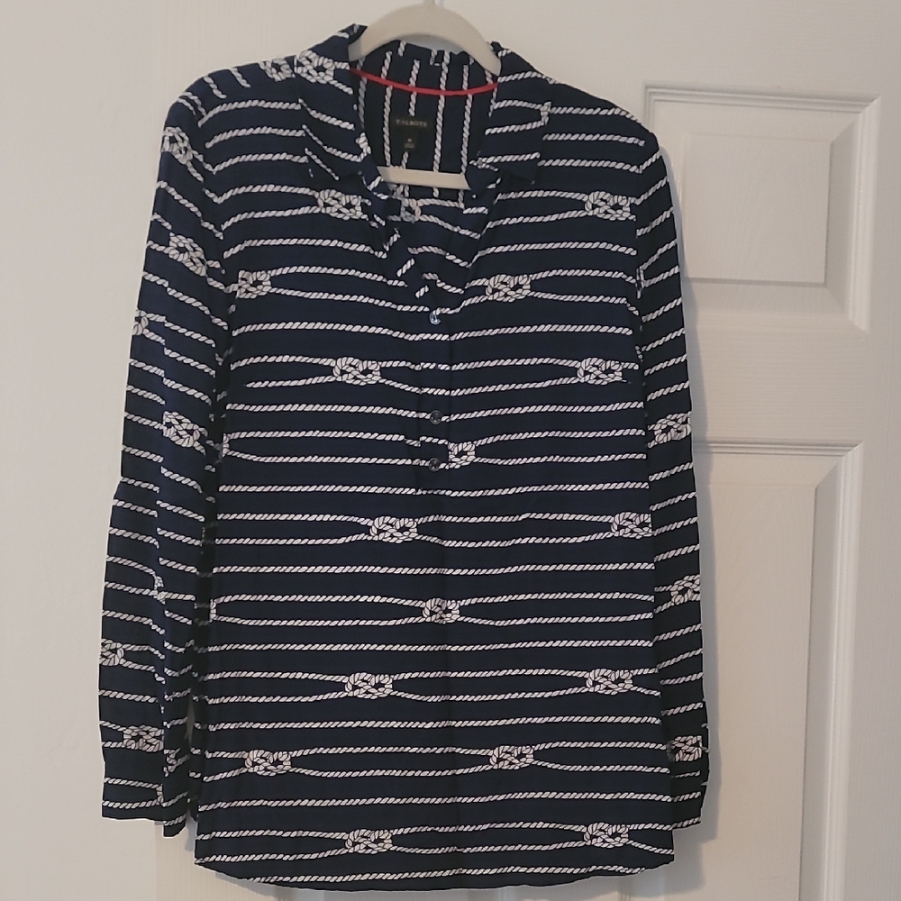 Talbots Navy and White Rope-Print Button Front Top, 100% Rayon